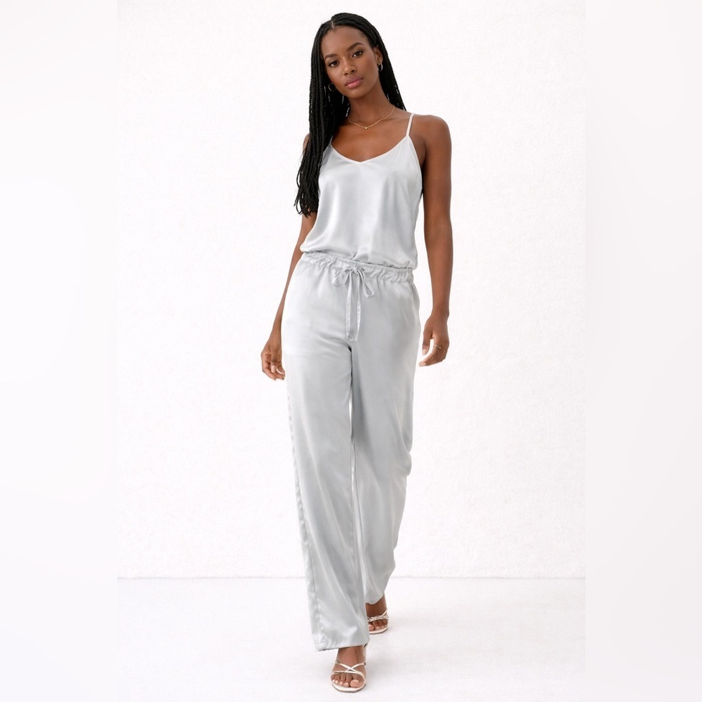 Vintage Blue Silver Satin Two Piece Set Size 44 Camisole Wide Leg Pants Lounge